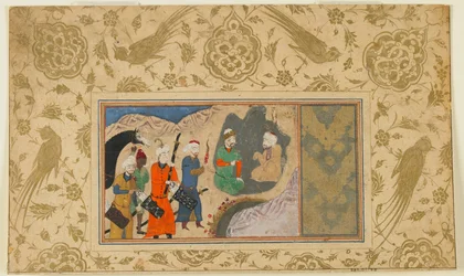 Fólió azonosítatlan szövegből; Iskandar (?) Remete látogatása, Irán, 1500 körül (átlátszatlan akvarell, tus és arany papíron)