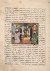 Gordiyeh azt tanácsolja testvérének, Bahram Chubinehnek, hogy ne aspiráljon a perzsa trónra, 1330 körül (átlátszatlan wc, arany és tinta a papíron)