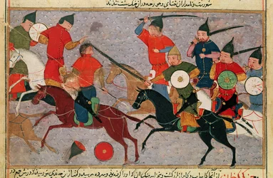 Ms. Pers.113 f.49 Dzsingisz kán (kb. 1162-1227) a csatában, Rashid-al-Din (1247-1318) könyvéből (guache)
