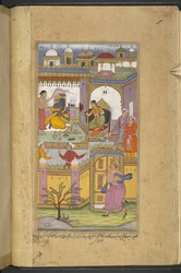 Or.12076 f.13v Bhima Dvaraka várába érkezik, hogy meghívja Krsnát az „aszvamedhába”. Krisna, aki a feleségével, Satyabhamával van, úgy tesz, mintha nem hallaná. (Bhawani) a 