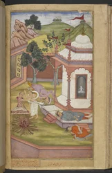 Or.12076 f.90v Candrahasa feláldozza magát Candika templomában úgy, hogy levágja saját húsából darabokat, és tűzre helyezi (Qabil ibn Maqbul) a „Razmnāmah”-ból (