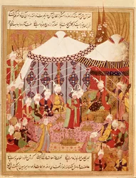 Or.1359 fol. 35 kontra Bayazid szultán Timur elfogta, 1402 a Zafarnama 1533-ból (tinta pergamen)
