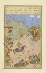Perzsa 239 fol.155b Rusztam elrántja a Kh?q?n-t elefántjáról, illusztráció a Shahnama-ból (Királyok könyve), Abul-Qasim Mansur Firdawsi (kb. 934-kb. 1020), 1444