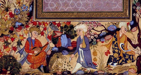 Perzsa miniatűr szórakoztató szcénát ábrázol zenészekkel. Egy 16. századi gouache részlete. Párizs, Louvre Múzeum