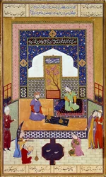 Shirin hercegnő (Chirin) fogadja Farhadot perzsa miniatűr kastélyában, amely Nizami „Khamsa” (Öt vers) (1141-1209) című epizódját illusztrálja, 16. századi párizsi Louvre múzeum