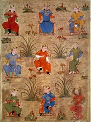 Dzsingisz kán unokaöccseinek ábrázolása a „Dzsami al-Tawarikh” (Dzsami al-Tawarikh) vagy a „Világtörténelem”-ből vett perzsa miniatűr Rashid al-din (al din) (1247-1318) történésztől. 1430 körül. Párizs, B.N.