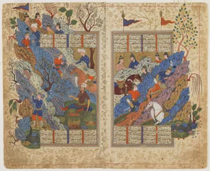 Rusztam visszarúgja a sziklát, amelyet Bahman hengerelt rá egy Shahnamából (Királyok könyve), 1590-1600 körül (tinta, átlátszatlan akvarell és arany papíron)
