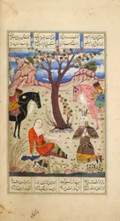 Rustam a haldokló Suhrabot gyászolja, illusztráció a „Shahnama”-ból
