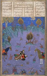 Suhrab megölte apja, Rustam, illusztráció a Shahnama-ból (Királyok könyvéből), Abul-Qasim Manur Firdawsi (kb. 934-kb. 1020) kb. 1440-45 (toll, tinta és wc pergamen)