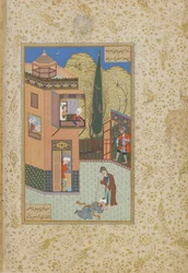 A Murid megcsókolja a Pirs lábát, Jami (1492) Haft awrang (Hét trón) fóliója, valószínűleg Mashad, Khurasan, Irán, Szafavida-dinasztia, 1556-1565 (tinta, átlátszatlan akvarell és arany papíron)