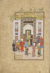 A csecsemő tanú Yusuf ártatlanságáról tanúskodik, Jami († 1492) Haft awrang (Hét trón) fóliója, valószínűleg Mashad, Khurasan, Irán, Safavid dinasztia, 1556-1565 (tinta, átlátszatlan akvarell és gol)