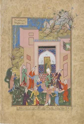Yusuf prédikál a Zulaykhas lányoknak a kertjében, Jami (1492) Haft awrang (Hét trón) fóliója, valószínűleg Mashad, Khurasan, Irán, Safavid-dinasztia, 1556-1565 (tinta, átlátszatlan akvarell és go).