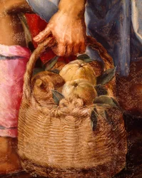 Gyümölcskosár, részlet a Pásztorok imádása című művéből, Peter Candid (1548-1628), olaj, panel, 248x162 cm