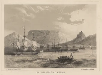 Fokváros és az Asztal-hegy, Sarony és Társai litográfiája, 1855 (kromolitográfia)