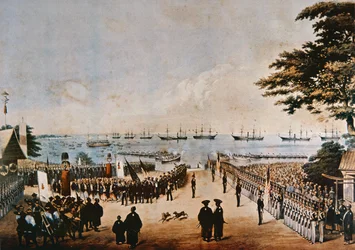 Perry Commodore leszáll Japánban, hogy találkozzon a birodalmi biztosokkal Jokohamában, 1854. március 8-án