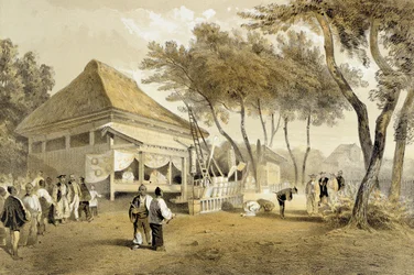 Tűzoltó Társaság háza és motorja, Yokuhama, a "Narrative of the Expedition of an American Squadron to the China Seas and Japan" című könyvből, kiadó: Sarony és társai, 1856 (színezett litográfia).