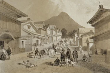 Utca Hakodadiban, az „Egy amerikai osztag kínai-tengeri és japán expedíciójának narratívájáról”, pub. Sarony und Co., 1856 (színezett litho)