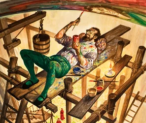 Michelangelo megfesti a római Sixtus-kápolna mennyezetét