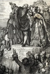 Az első föderációs ünnep 1790. július 14-i megünneplése a Haza oltáránál, a Mars-mezőn, a Bastille elfoglalásának első évfordulóján: XVI. Lajos király családja körében esküt tesz az alkotmányra