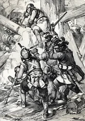 Károly (vagy Károly) svéd király (1682-1718) a törökök ellen védekező Benderben (Bendery) 1713. február, Moldaie (XII. Károly (Károl) száműzött svéd király a csőcselék és az oszmán janicsárok ellen védekezik, Bender, 1713. február) ) Tollrajzolás f
