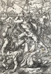 A győzedelmes hódító, Pelagius (Pelagius vagy Pelayo) (meghalt 737-ben), Asztúria királya a szaracénok elleni harcban, 719, Covadonga, Spanyolország (Pelagius asztúriai király, az Asztúriai Királyságot megalapító vizigót nemes a mórok elleni harcban, 719