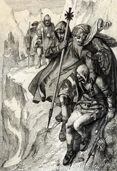 A rómaiak királya IV. Henrik a Cenis-hegy hágója mellett átkelt az Alpokon, és Mathilde toszkánai grófnőhöz Canossába megy, ahol VII. Gergely pápa, 1077. január” (IV. Henrik átkelt az Alpokon a Mont Cenis-hágó mellett, hogy elérje a várat Canossa és