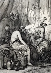 Attila, a hunok királyának (395-453) halála álmában, nászéjszakáján a germán Ildicóval, 453 (Attila, a hunok uralkodójának halála nászéjszakáján, menyasszonya, Ildico a holtteste fölött sír, 453) Tollrajz a „Historis” nyomán