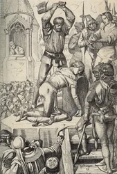 Konradin (vagy Hohenstaufeni Konrád), Szicília királya és Svábföld hercege (1252-1268) kivégzése Anjou Károly parancsára, az 1268-as tagliacozzói csata után (Konradin, vagy az Ifjabb Konrád, Szicília utolsó Staufer királyának kivégzése, ezt követően)