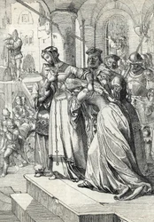 Lady Jane Grey (Jeanne Grey) (1537-1554) kivégzése. Jane Grey-t 1554-ben a londoni Towerben végezték ki. Tollrajz Anton Ziegler „Historische Memorabilian des In- und Auslandes” című művéből