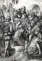 Weinsberg hű asszonyai: az 1140-es weinsbergi ostromban Hohenstaufeni Konrád III. által legyőzött katonák feleségei a hátukon viszik férjeiket, Németország (A hűséges feleségek Weinsberg ostroma alatt)