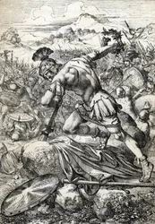 Varus (Publius Quinctilius Varus) római hadvezér (Kr. e. 46-Kr. u. 9) öngyilkossága kardjával a teutoburgi erdei csatában, a germánok elleni harcban, Kr. u. 9-ben