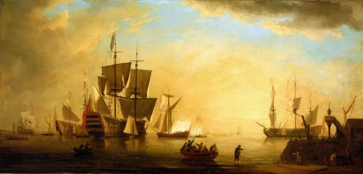 Egy brit épület más lehorgonyzott hajókkal, alkonyatkor. Olaj, vászon, 18. század eleje, Peter Monamy (1681-1749) alkotása.