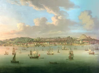 A brit flotta bevonul Lisszabon kikötőjébe, 1735