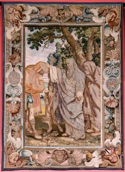 Flamand kárpit. Sorozat Decius Mus konzul története. Valerius megáldja Deciust. A sorozat negyedik kárpitja. PP Rubens modell. ; Gyártás Jan Raes II, Brüsszel. Kb. 1620-1629. Szövet Arany, ezüst, selyem és gyapjú. Mérete 405 x 330 cm. Hely Royal Pal