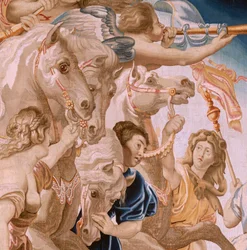 Flamand kárpit. Az Eucharisztia diadala sorozat. Az Egyház diadala (El Triunfo de la Iglesia). Nyolcadik kárpit a sorozatban. Peter Paul Rubens modell. 1626-1628. Gyártás Jan II Raes, Brüsszel