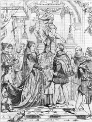 Marie de Medicis (1576-1642) meghatalmazottja házassága IV. Henrikkel Firenzében, 1600. október 5. Pierre Paul (Pierre-Paul) Rubens (vagy Peter Paul vagy Petrus Paulus) metszete (1577-1640).