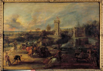 Verseny a Steen Castle (középkor) gödreinek közelében. Pierre Paul (Pierre-Paul) Rubens (vagy Peter Paul vagy Petrus Paulus) flamand festménye (1577-1640)