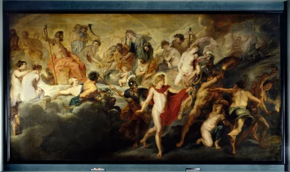 Mary de Medicis ciklusa: Az istenek koncertje (vagy tanácsa) Franciaország és Spanyolország kölcsönös házasságaiért, egyszer ezt mondta: A királynő kormánya. Marie de Medicis francia királynő (1575-1642) kormányának allegóriája. A bal oldalon Jupiter és Ju