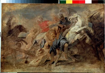 Az oroszlánvadászat. Peter Paul (Pierre-Paul) Rubens (vagy Peter Paul vagy Petrus Paulus) festménye (1577-1640). Olaj, fa, Mérete: 43 x 64 cm, 1621 körül. Flamand művészet, barokk stílus. Ermitázs Múzeum, Szentpétervár.