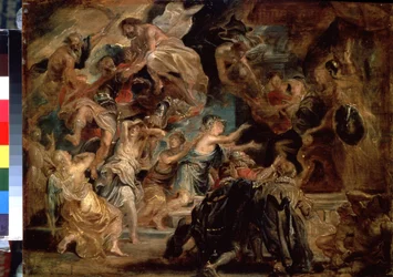 Henrik halála (1553-1610) és a kormányzóság kikiáltása (IV. Henrik halála és a kormányzóság kikiáltása). Peter Paul (Pierre-Paul) Rubens (vagy Peter Paul vagy Petrus Paulus) festménye (1577-1640). Olaj, fa, 48 x 65 cm