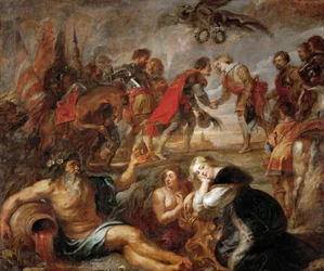 III. Habsburg Ferdinánd (1608-1657) magyar, cseh-német király és Osztrák Ferdinánd csecsemőkardin (1609-1641) találkozása a nordlingeni csata előtt (1634) - Ferdinánd magyar király és bíboros találkozója Csecsemő