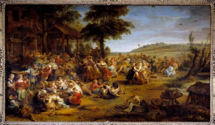 Vásár vagy esküvő a faluban. Egy ország pártját ábrázoló táblázat. Pierre Paul (Pierre-Paul) Rubens (vagy Peter Paul vagy Petrus Paulus) festménye (1577-1640), flamand iskola, 1635-1638 körül. Olaj, fa. Méret: 1,49 x 2,61 m. Musee Du Louvre – A falu