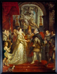 Maria De Medici (Marie de Medicis) (1573-1642) és IV. Henrik meghatalmazott által kötött házassága Firenzében 1600.05.10. Pierre Paul (Pierre-Paul) Rubens (vagy Peter Paul vagy Petrus Paulus) festménye (1577-1640). 17. századi V. 3,94x2,95 m