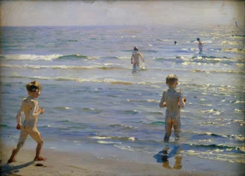 Fürdőző fiúk. Napsütés. Skagen