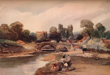 Folyóparti falu híddal és romokkal, kb. 1824