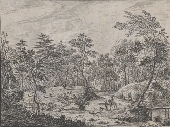 Erdei táj lovassal beszélgető emberrel középen, gyaloghíd jobbra, 1716.