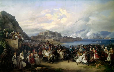Otton herceg (1815-1867) I. Lajos fia, a nafpliói Baviere debarque 1833.02.06-án és Görögország királya lesz Peter von Hess (1792-1871) festménye (ec.all.) 1835 V. 2,73 x 4,16 m München. Neue Pinakothek.