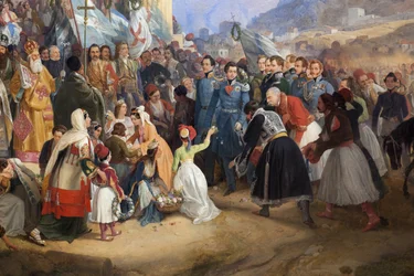 I. Oton görög király (1815-1876) bejárata Athénészbe, amelyet a tömeg fogadott Hephaistos (Hephaisteion) (Héphaisztosz) vagy Théión temploma előtt az Agorán (Görögország)