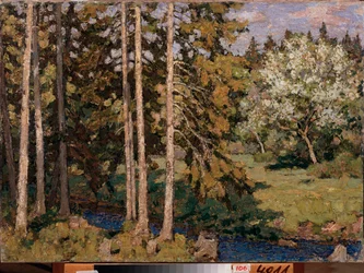 Almafák májusban. Pjotr ​​Ivanovics Petrovicsov (Pjotr ​​Petrovicsov) (1874-1947) festménye, olaj, vászon. Orosz művészet, 20. századi tájkép, modernizmus. Regionális Művészeti Galéria, Cseljabinszk (Oroszország).