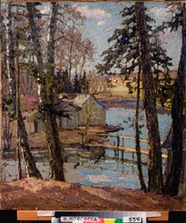 Tavaszi. Egy tónál. Pjotr ​​Ivanovics Petrovicsov (Pjotr ​​Petrovicsov) (1874-1947) festménye, olaj, vászon